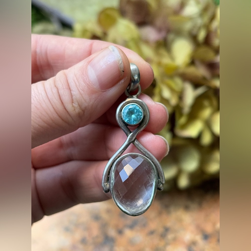 SOLD - STERLING 925 Stamped Silver Crystal Quartz & Blue Glass Infinity Pendant